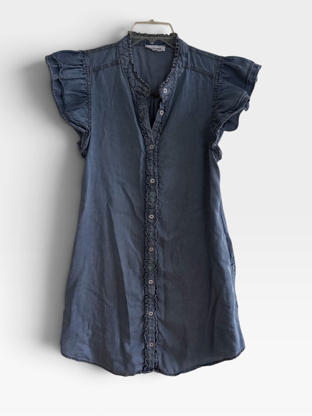 EEsome Blue Chambray Denim Mini Dress Button-up Ruffled Sleeves Western Coastal - Picture 3 of 9